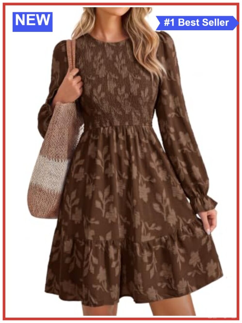 Smocked Long Sleeve Mini Dress Burnout Floral A-Line Casual